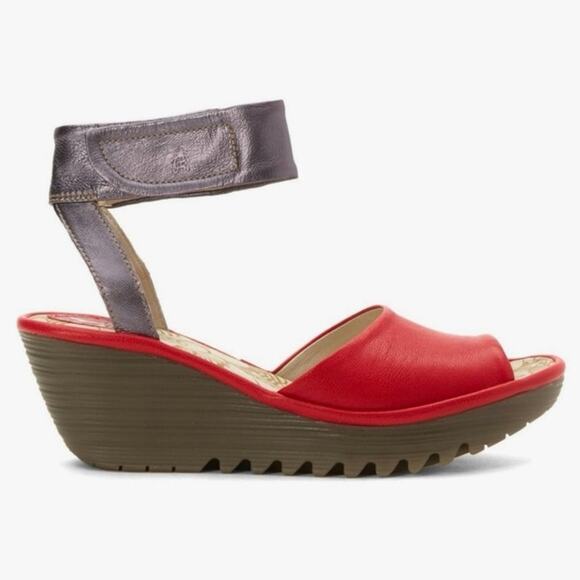 Fly London Shoes - FLY LONDON Women's 40 US 9 YULA Leather Wedge Sandal Red Pewter Ankle Strap